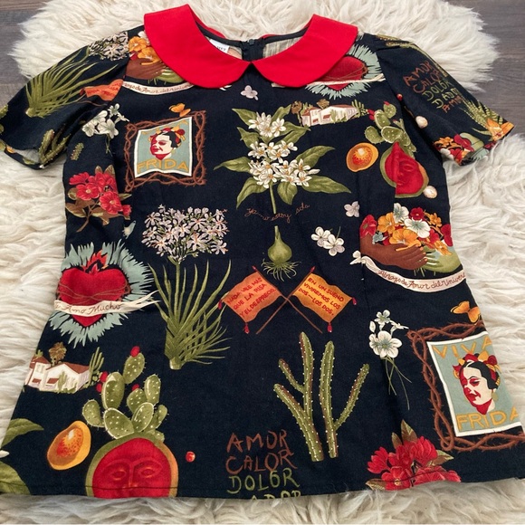 Hemet Store Frida Kahlo Cactus Collared Retro Pinup Top Blouse Sz S - Picture 5 of 11